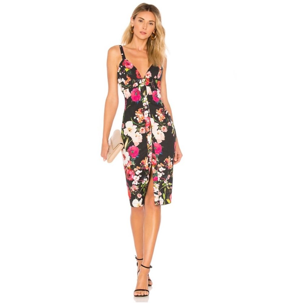 Privacy Please Lantana Black Floral Button Front Linen Midi Dress